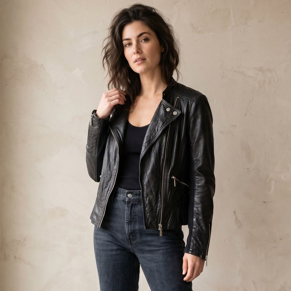 Vintage Cache Jacket Womens Small Black Leather Asymmetrical Zip Moto Biker Edgy